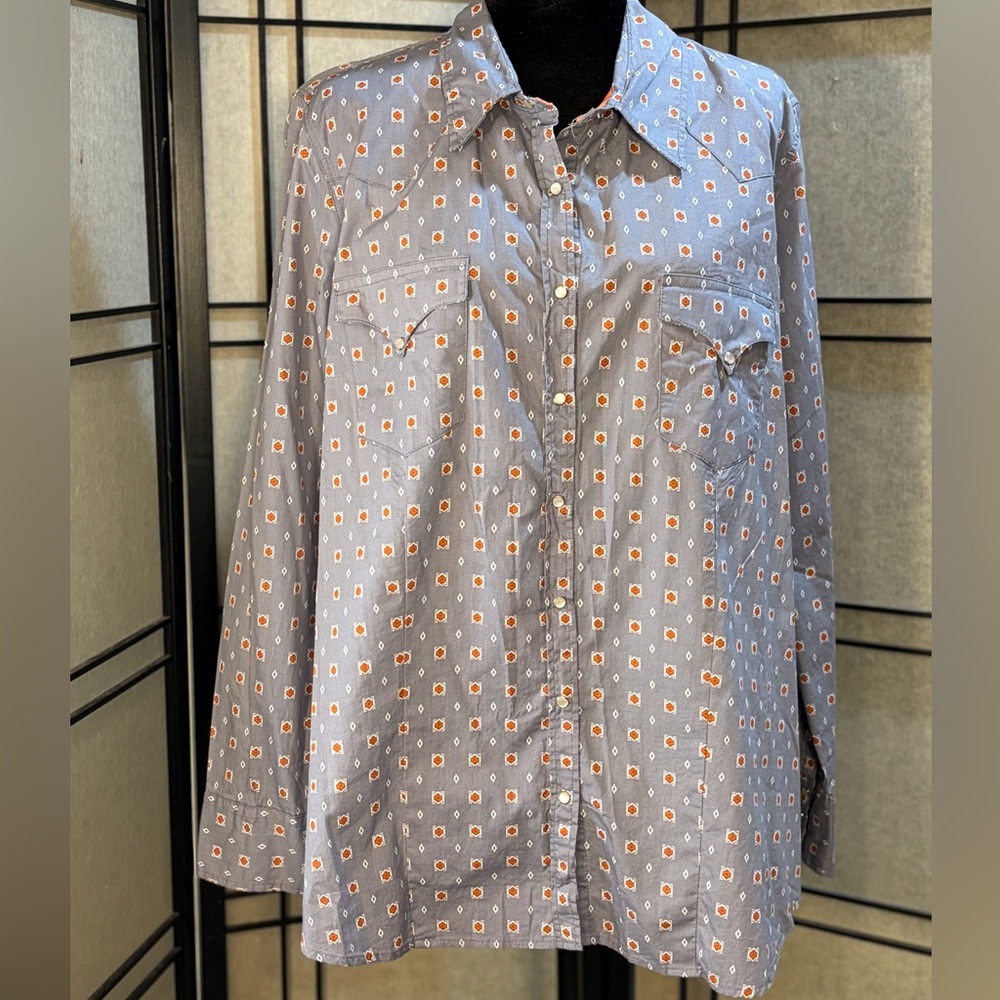 Women's Roper WESTERN SHIRT Open V-Neck Size 2 X blue pattern Pearl snaps cotton